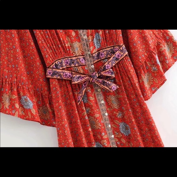 Red Boho Floral Gypsy Print Maxi Dress Kimono - Picture 8 of 12